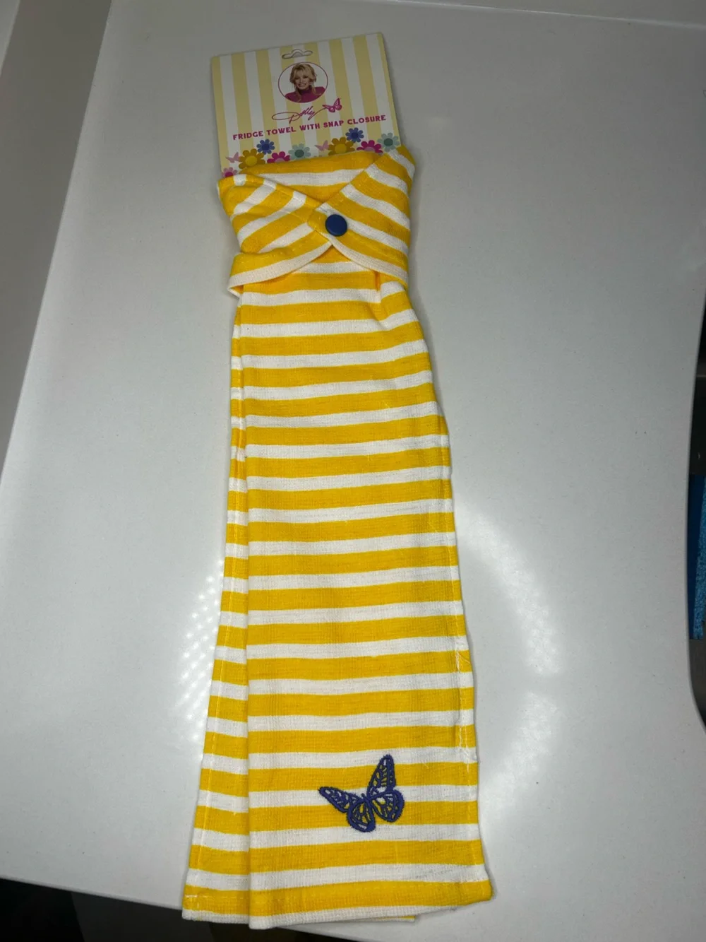 NEW Dolly Parton Yellow & White Striped butterfly fridge towel Snap 100% cotton
